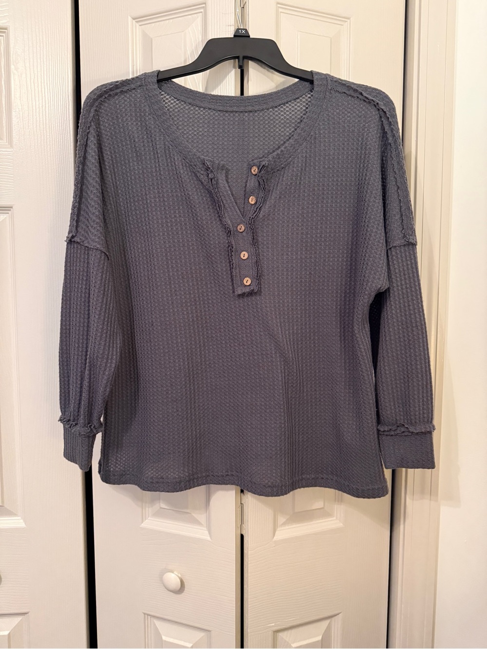 SHEIN Curve-  Waffle Knit Henley Long Sleeve Drop Shoulder Top — Slate Gray